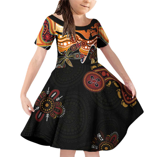 Dragonfly Aboriginal Australia Family Matching Off Shoulder Short Dress and Hawaiian Shirt Indigenous Art