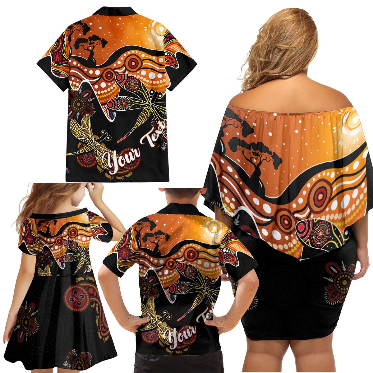 Dragonfly Aboriginal Australia Family Matching Off Shoulder Short Dress and Hawaiian Shirt Indigenous Art