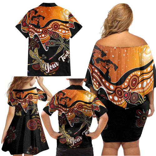 Dragonfly Aboriginal Australia Family Matching Off Shoulder Short Dress and Hawaiian Shirt Indigenous Art