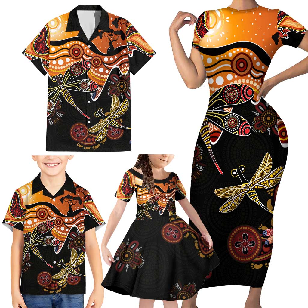 Dragonfly Aboriginal Australia Family Matching Short Sleeve Bodycon Dress and Hawaiian Shirt Indigenous Art