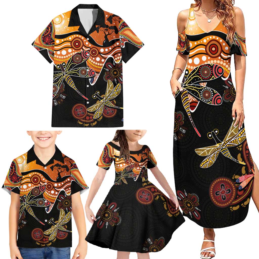 Dragonfly Aboriginal Australia Family Matching Summer Maxi Dress and Hawaiian Shirt Indigenous Art
