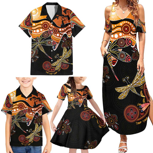 Dragonfly Aboriginal Australia Family Matching Summer Maxi Dress and Hawaiian Shirt Indigenous Art