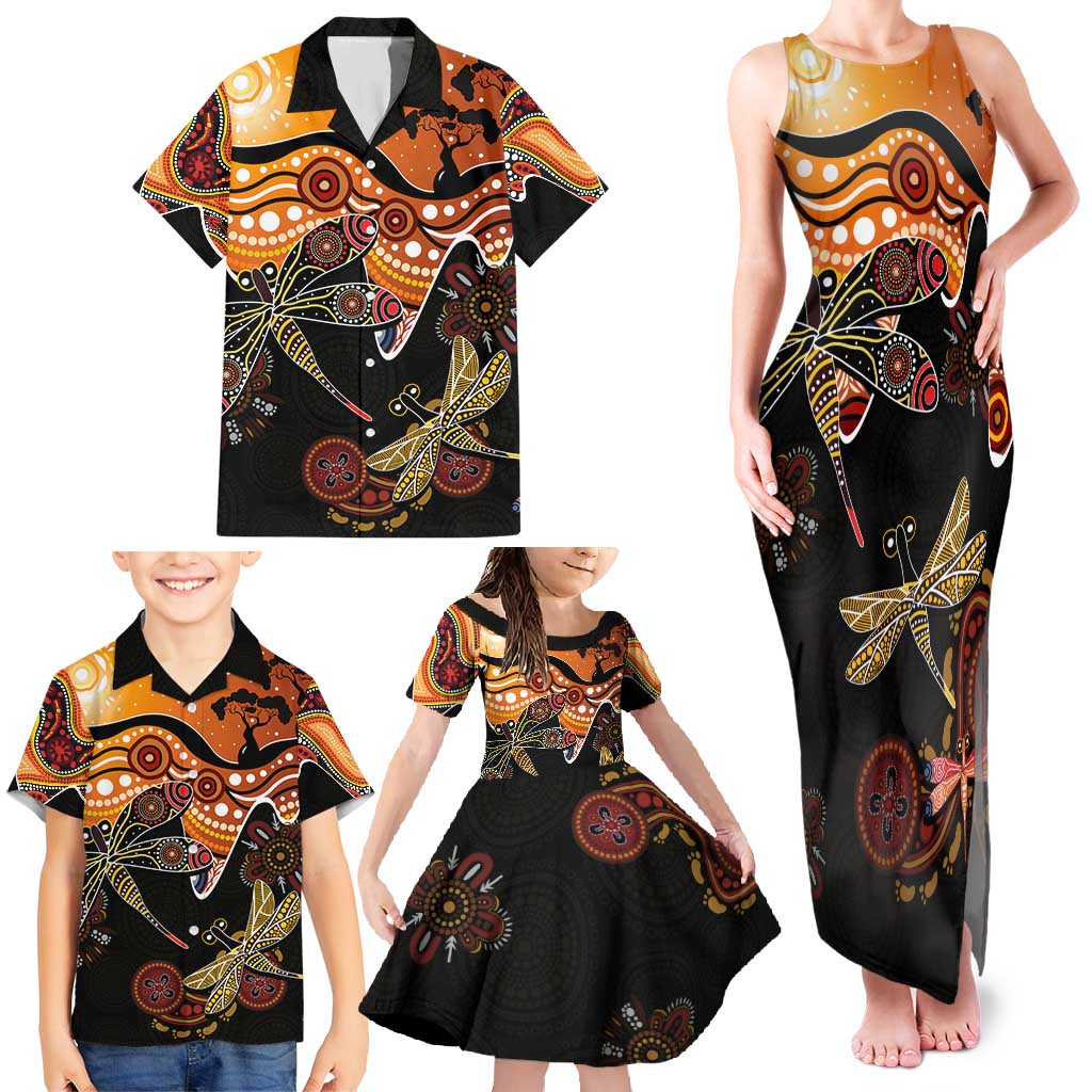 Dragonfly Aboriginal Australia Family Matching Tank Maxi Dress and Hawaiian Shirt Indigenous Art
