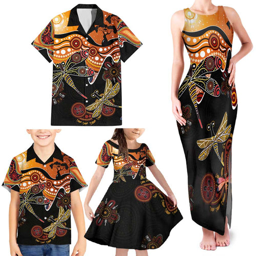 Dragonfly Aboriginal Australia Family Matching Tank Maxi Dress and Hawaiian Shirt Indigenous Art