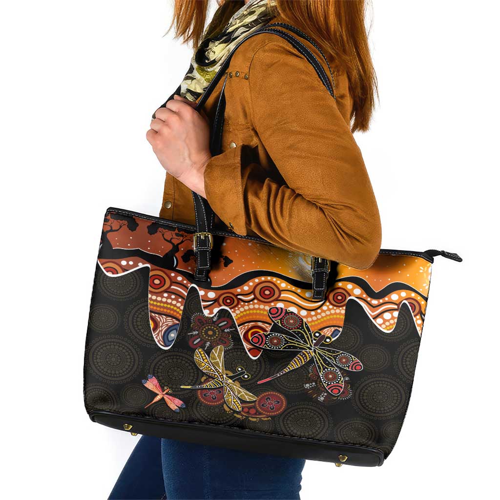 Dragonfly Aboriginal Australia Leather Tote Bag Indigenous Art