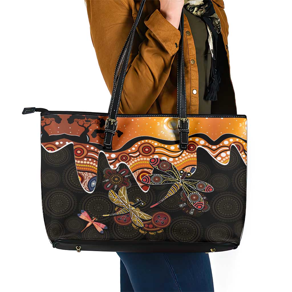 Dragonfly Aboriginal Australia Leather Tote Bag Indigenous Art