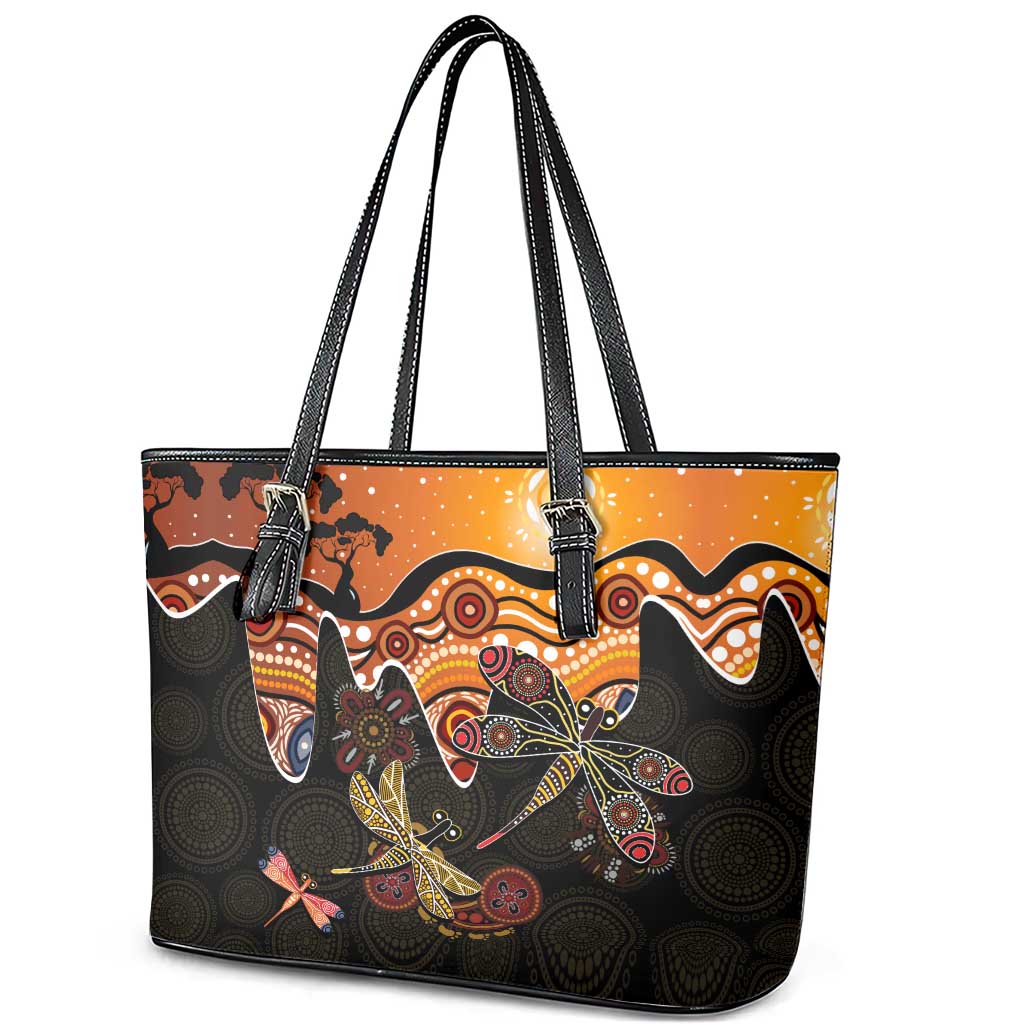 Dragonfly Aboriginal Australia Leather Tote Bag Indigenous Art