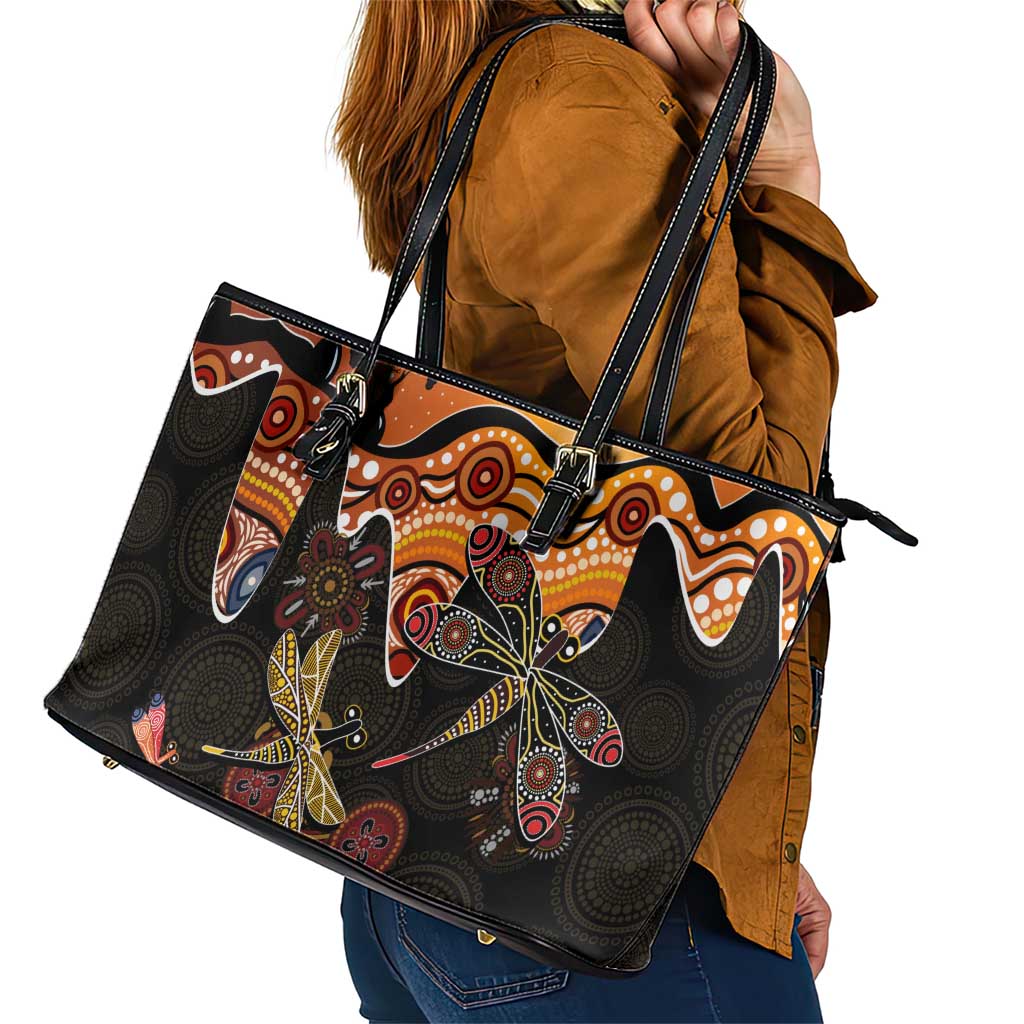 Dragonfly Aboriginal Australia Leather Tote Bag Indigenous Art