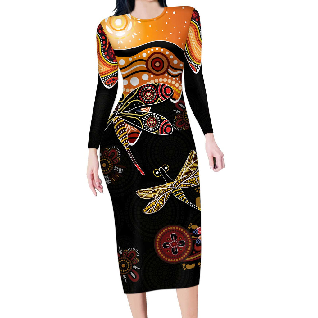 Dragonfly Aboriginal Australia Long Sleeve Bodycon Dress Indigenous Art