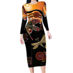 Dragonfly Aboriginal Australia Long Sleeve Bodycon Dress Indigenous Art