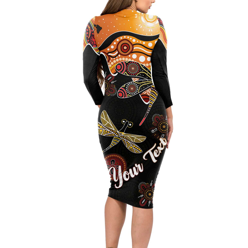 Dragonfly Aboriginal Australia Long Sleeve Bodycon Dress Indigenous Art