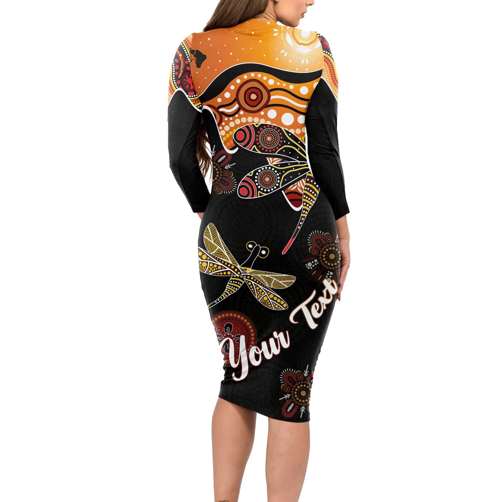 Dragonfly Aboriginal Australia Long Sleeve Bodycon Dress Indigenous Art