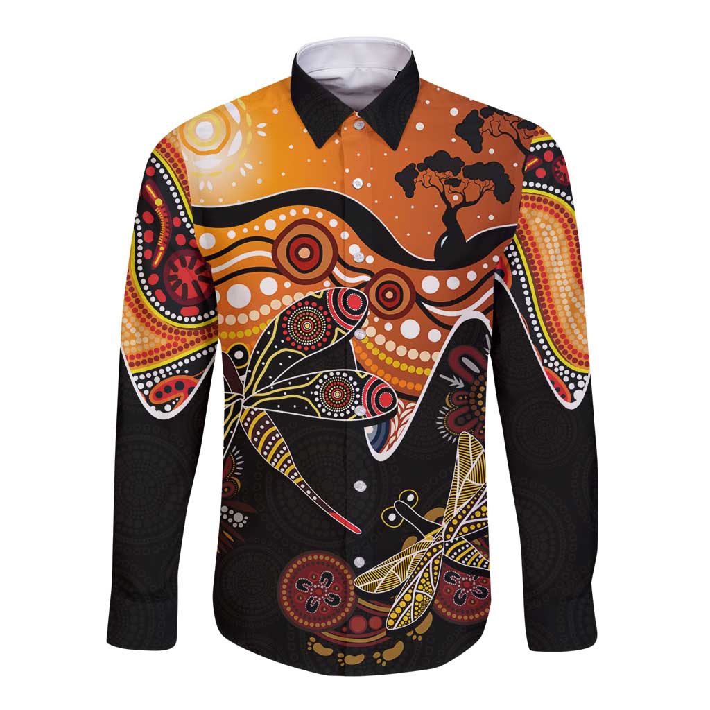 Dragonfly Aboriginal Australia Long Sleeve Button Shirt Indigenous Art
