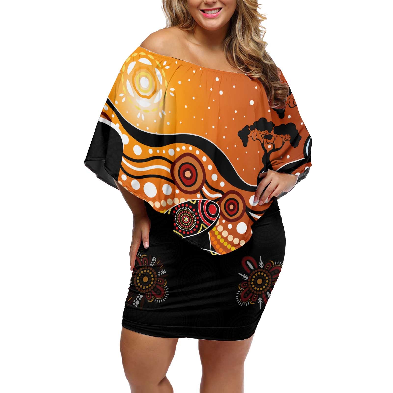 Dragonfly Aboriginal Australia Off Shoulder Short Dress Indigenous Art