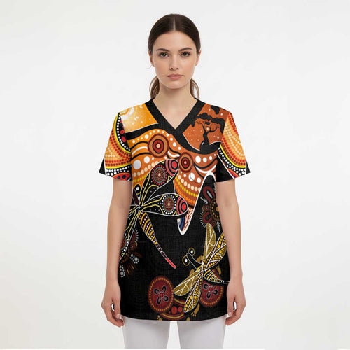 Dragonfly Aboriginal Australia Scrub Top Indigenous Art - Aussie Hoodie