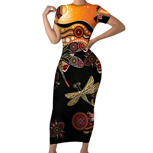 Dragonfly Aboriginal Australia Short Sleeve Bodycon Dress Indigenous Art