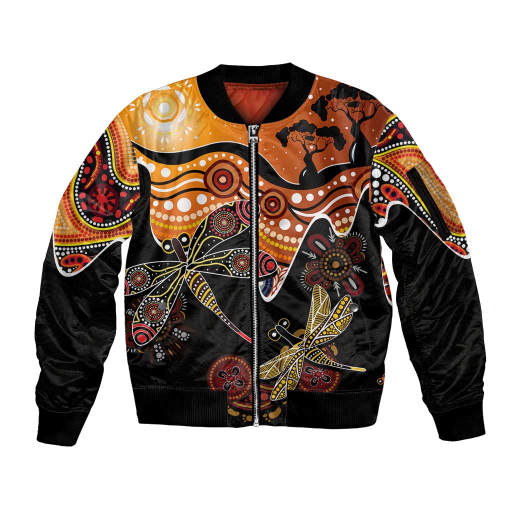 Dragonfly Aboriginal Australia Sleeve Zip Bomber Jacket Indigenous Art