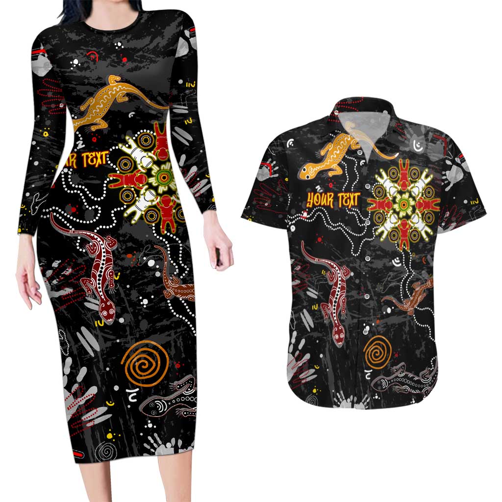 Lizard Aboriginal Australia Couples Matching Long Sleeve Bodycon Dress and Hawaiian Shirt