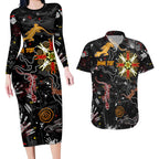 Lizard Aboriginal Australia Couples Matching Long Sleeve Bodycon Dress and Hawaiian Shirt