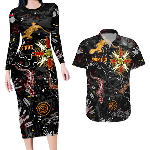 Lizard Aboriginal Australia Couples Matching Long Sleeve Bodycon Dress and Hawaiian Shirt