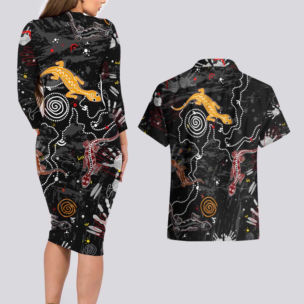 Lizard Aboriginal Australia Couples Matching Long Sleeve Bodycon Dress and Hawaiian Shirt