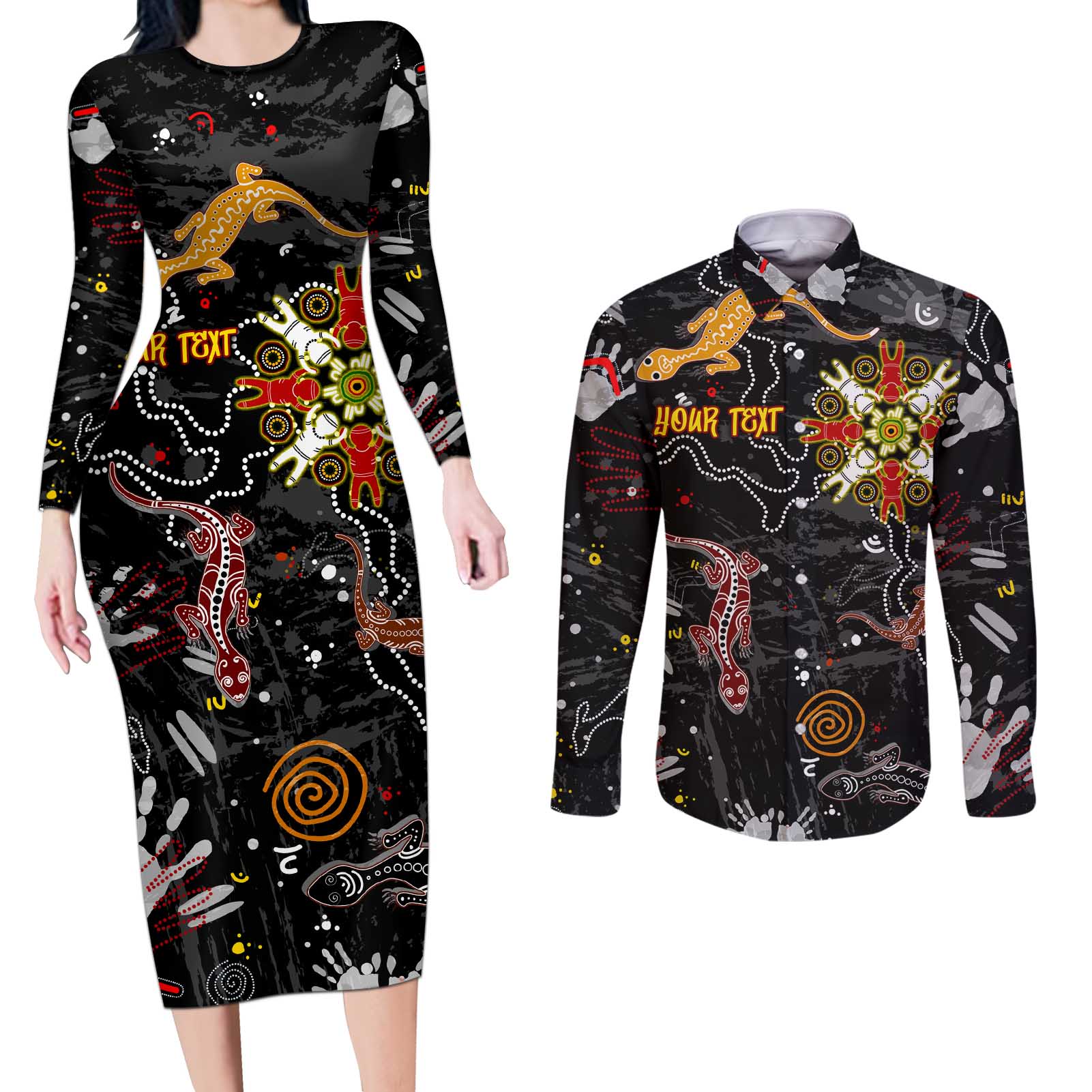Lizard Aboriginal Australia Couples Matching Long Sleeve Bodycon Dress and Long Sleeve Button Shirt
