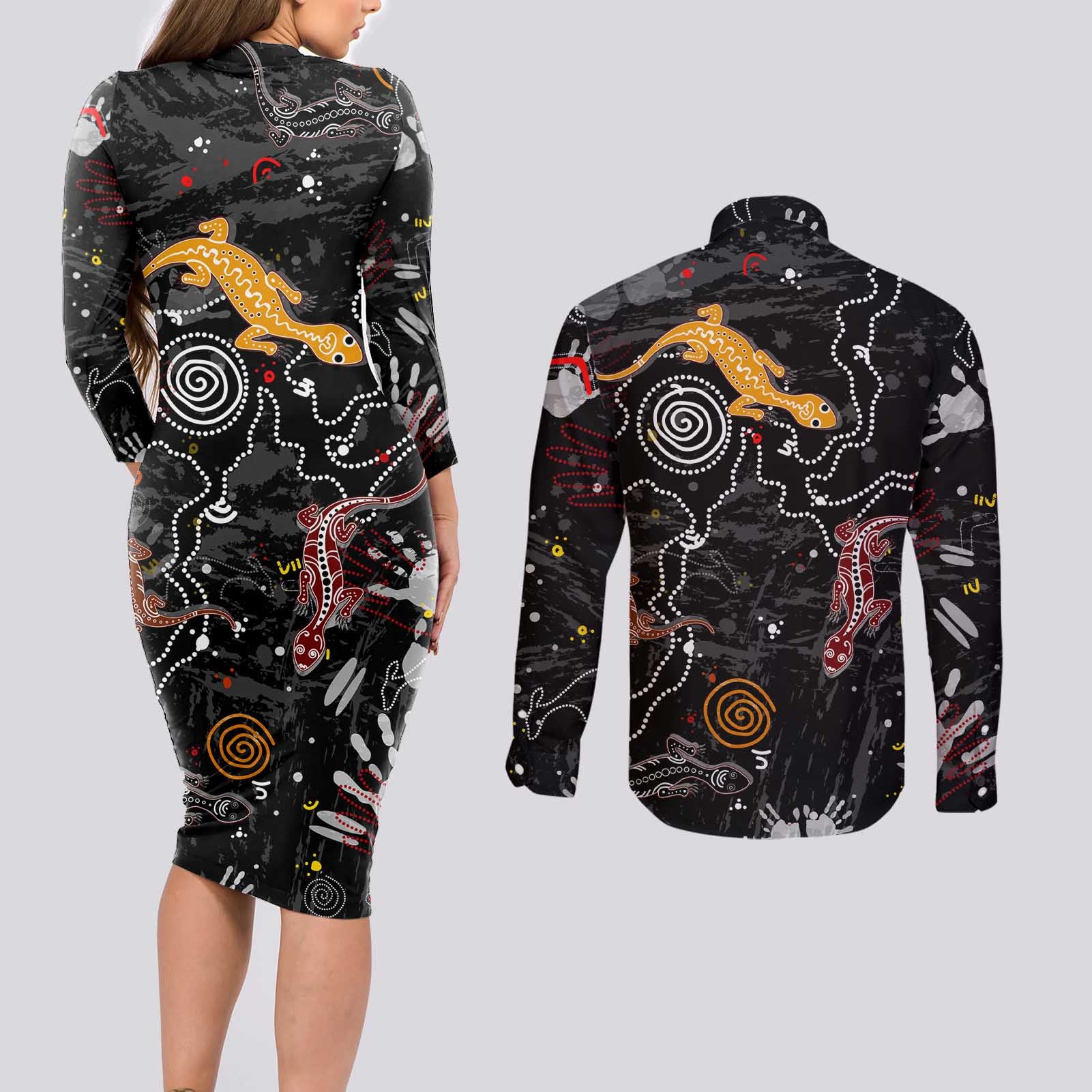 Lizard Aboriginal Australia Couples Matching Long Sleeve Bodycon Dress and Long Sleeve Button Shirt