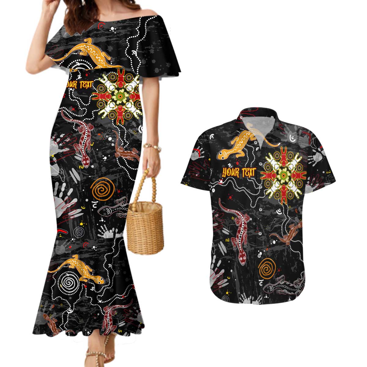 Lizard Aboriginal Australia Couples Matching Mermaid Dress and Hawaiian Shirt