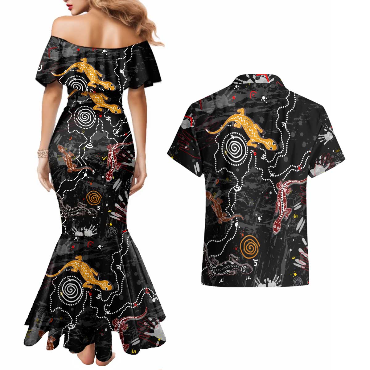 Lizard Aboriginal Australia Couples Matching Mermaid Dress and Hawaiian Shirt