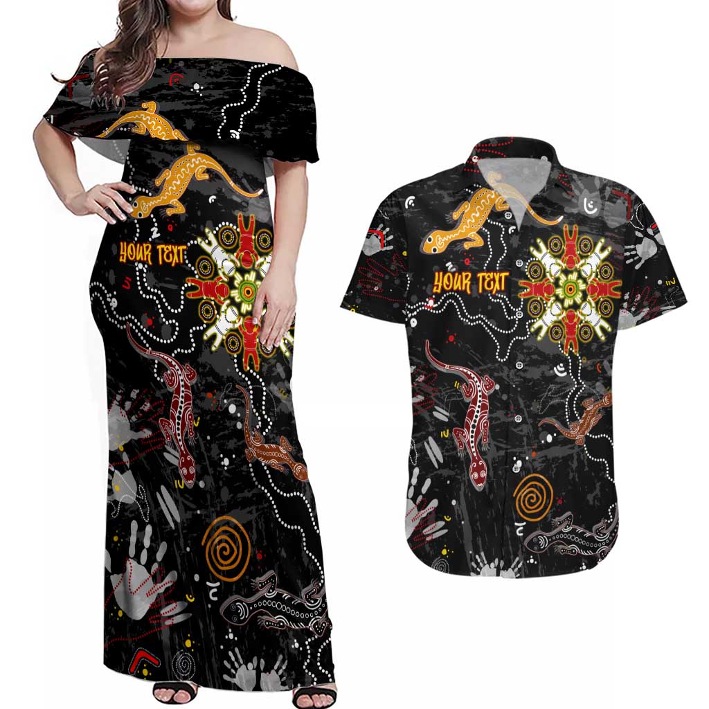 Lizard Aboriginal Australia Couples Matching Off Shoulder Maxi Dress and Hawaiian Shirt
