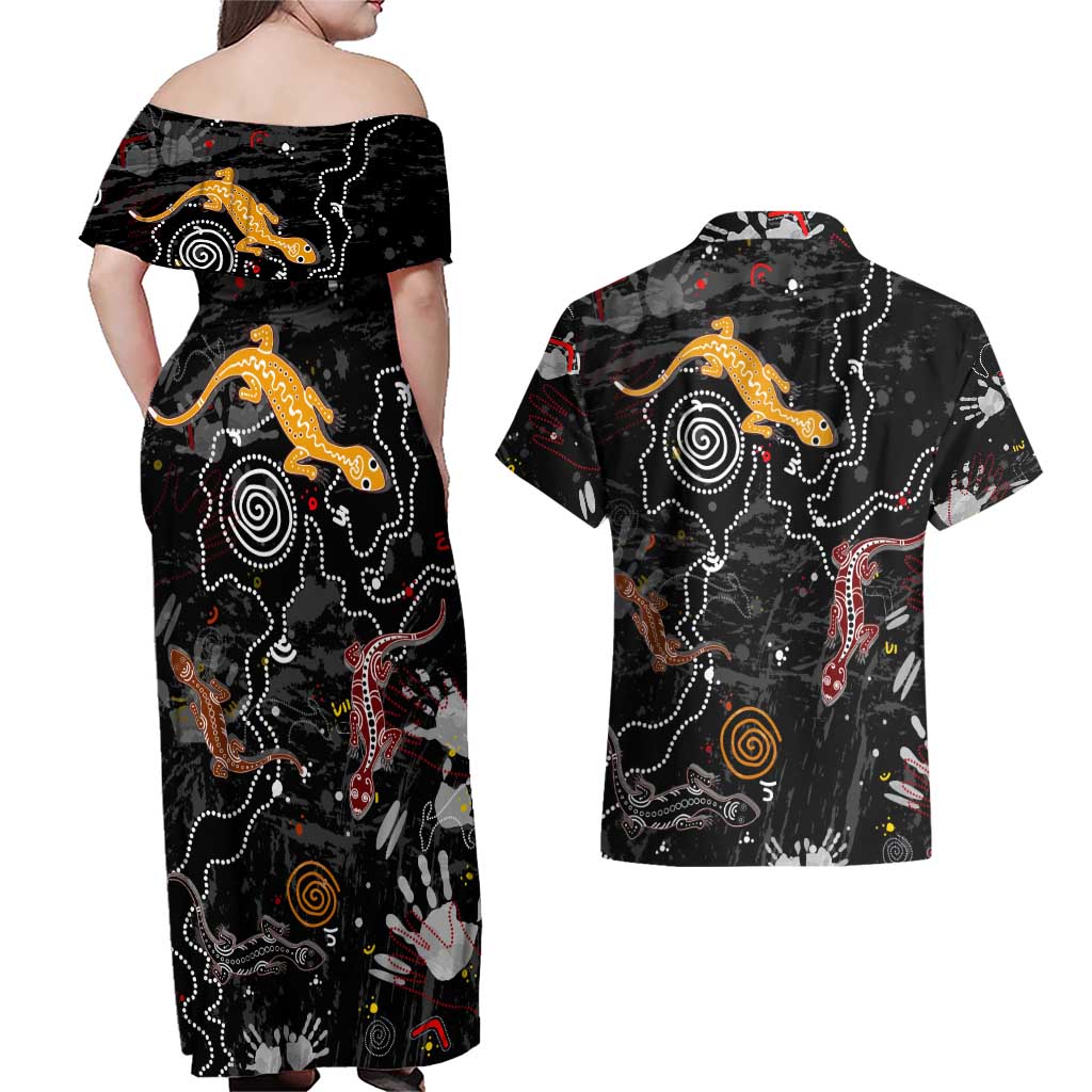 Lizard Aboriginal Australia Couples Matching Off Shoulder Maxi Dress and Hawaiian Shirt