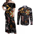 Lizard Aboriginal Australia Couples Matching Off Shoulder Maxi Dress and Long Sleeve Button Shirt