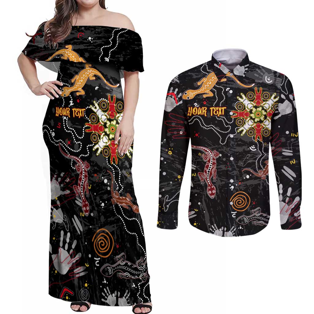 Lizard Aboriginal Australia Couples Matching Off Shoulder Maxi Dress and Long Sleeve Button Shirt