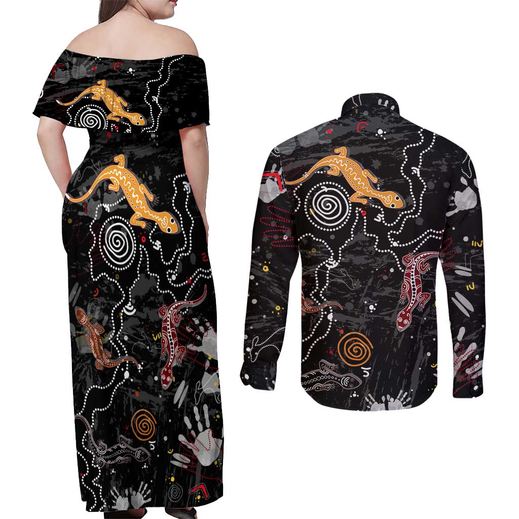 Lizard Aboriginal Australia Couples Matching Off Shoulder Maxi Dress and Long Sleeve Button Shirt