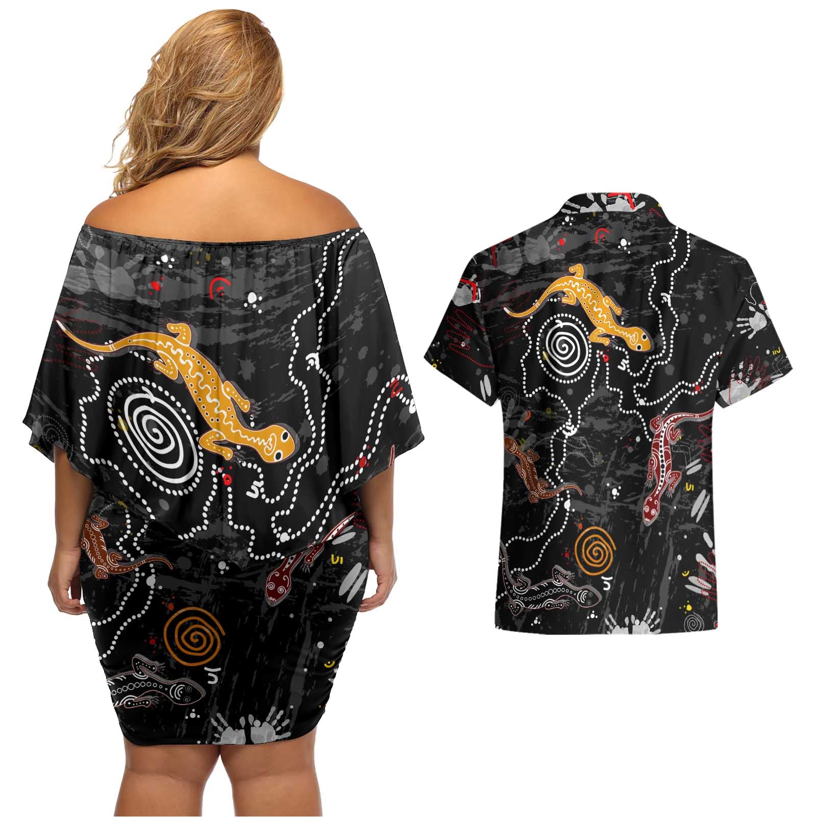 Lizard Aboriginal Australia Couples Matching Off Shoulder Short Dress and Hawaiian Shirt