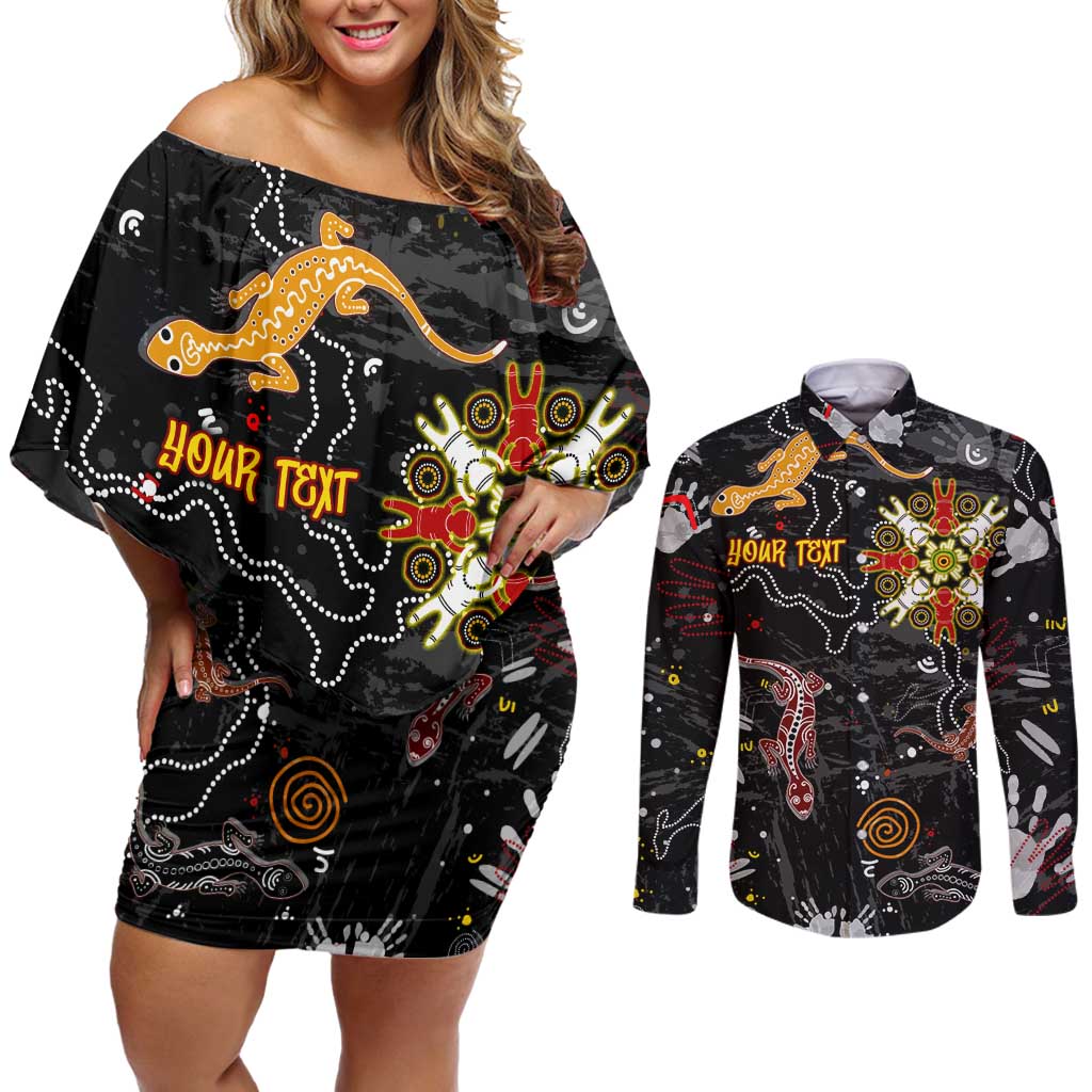 Lizard Aboriginal Australia Couples Matching Off Shoulder Short Dress and Long Sleeve Button Shirt