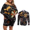 Lizard Aboriginal Australia Couples Matching Off Shoulder Short Dress and Long Sleeve Button Shirt