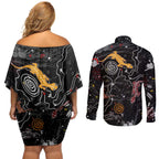Lizard Aboriginal Australia Couples Matching Off Shoulder Short Dress and Long Sleeve Button Shirt