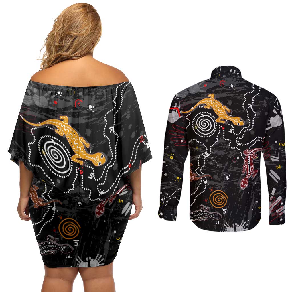 Lizard Aboriginal Australia Couples Matching Off Shoulder Short Dress and Long Sleeve Button Shirt