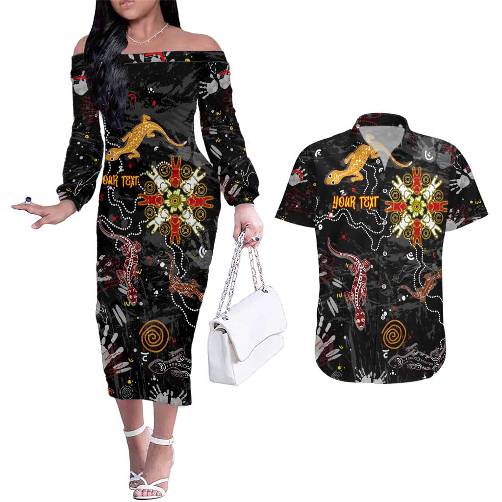 Lizard Aboriginal Australia Couples Matching Off The Shoulder Long Sleeve Dress and Hawaiian Shirt