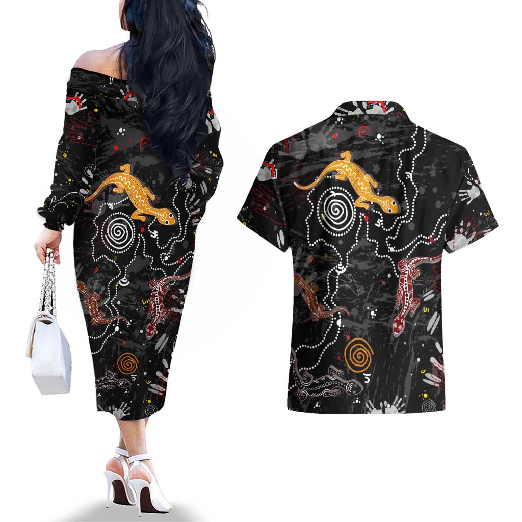 Lizard Aboriginal Australia Couples Matching Off The Shoulder Long Sleeve Dress and Hawaiian Shirt