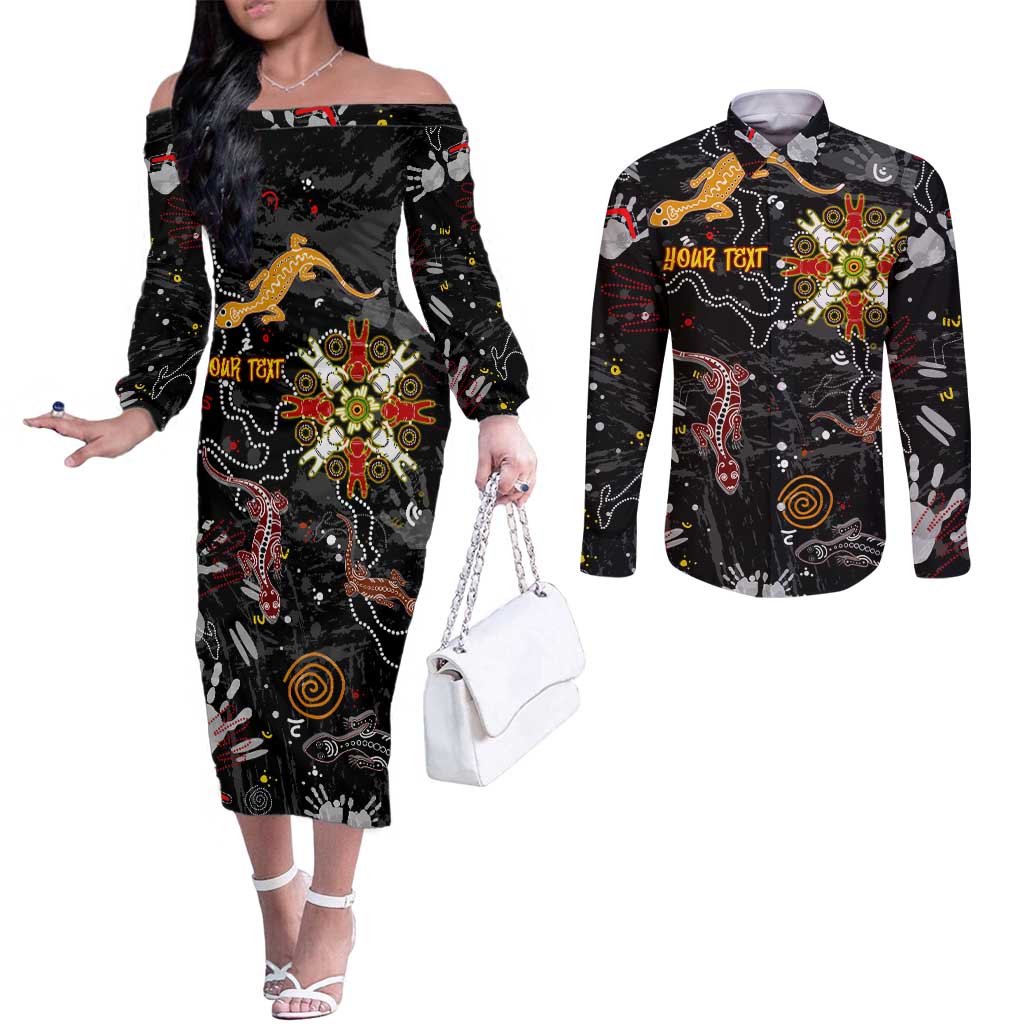 Lizard Aboriginal Australia Couples Matching Off The Shoulder Long Sleeve Dress and Long Sleeve Button Shirt