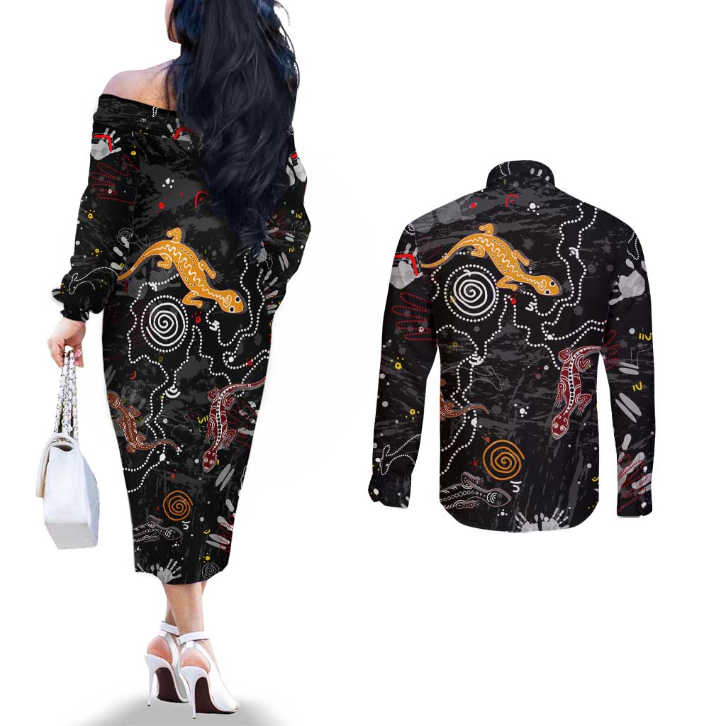 Lizard Aboriginal Australia Couples Matching Off The Shoulder Long Sleeve Dress and Long Sleeve Button Shirt