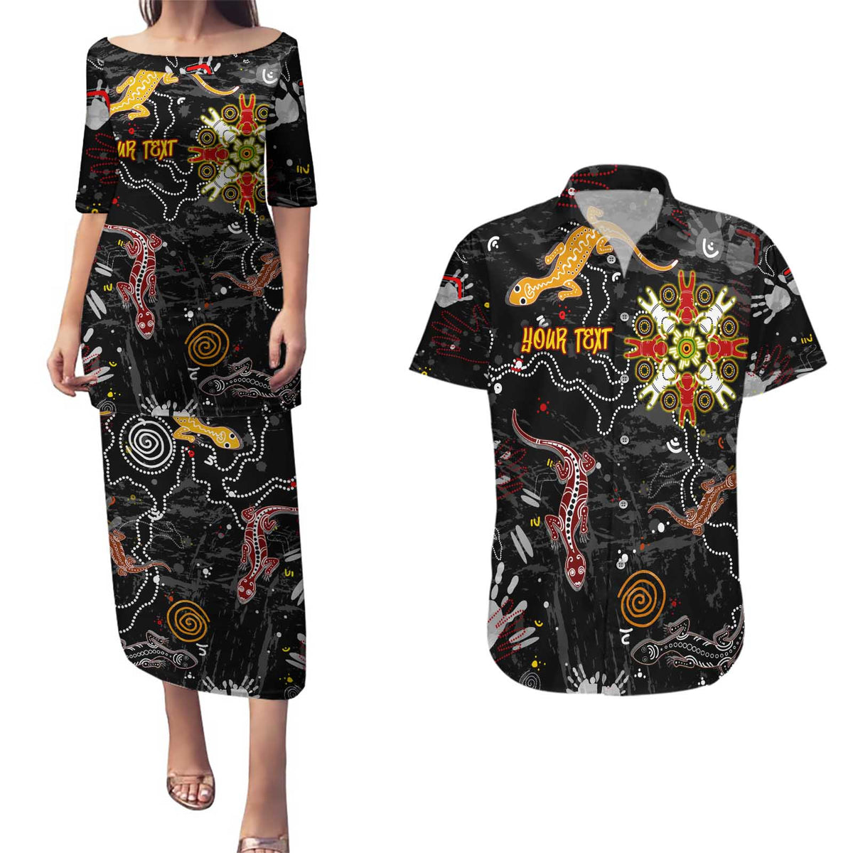 Lizard Aboriginal Australia Couples Matching Puletasi and Hawaiian Shirt