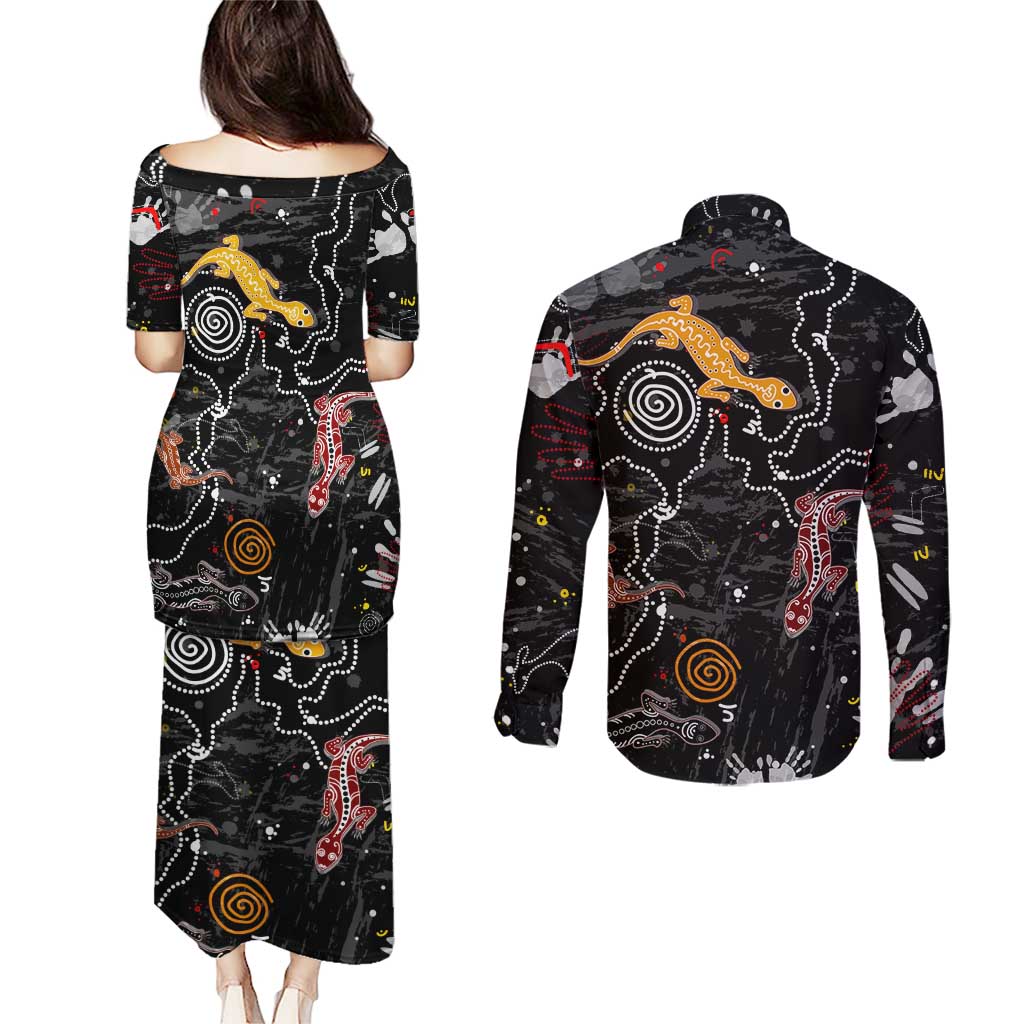 Lizard Aboriginal Australia Couples Matching Puletasi and Long Sleeve Button Shirt