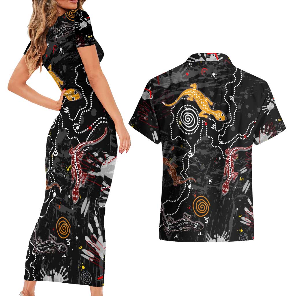 Lizard Aboriginal Australia Couples Matching Short Sleeve Bodycon Dress and Hawaiian Shirt