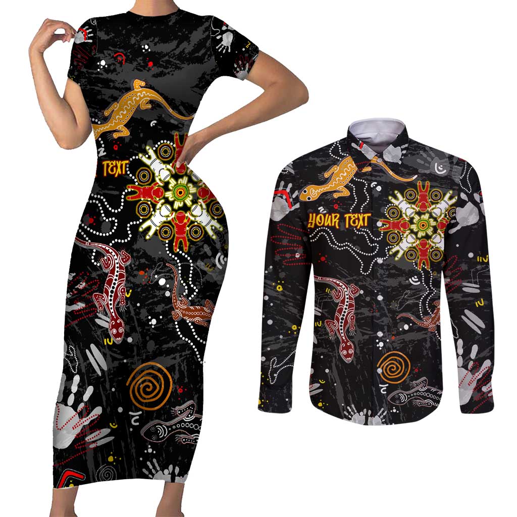 Lizard Aboriginal Australia Couples Matching Short Sleeve Bodycon Dress and Long Sleeve Button Shirt