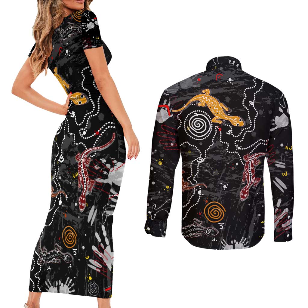 Lizard Aboriginal Australia Couples Matching Short Sleeve Bodycon Dress and Long Sleeve Button Shirt