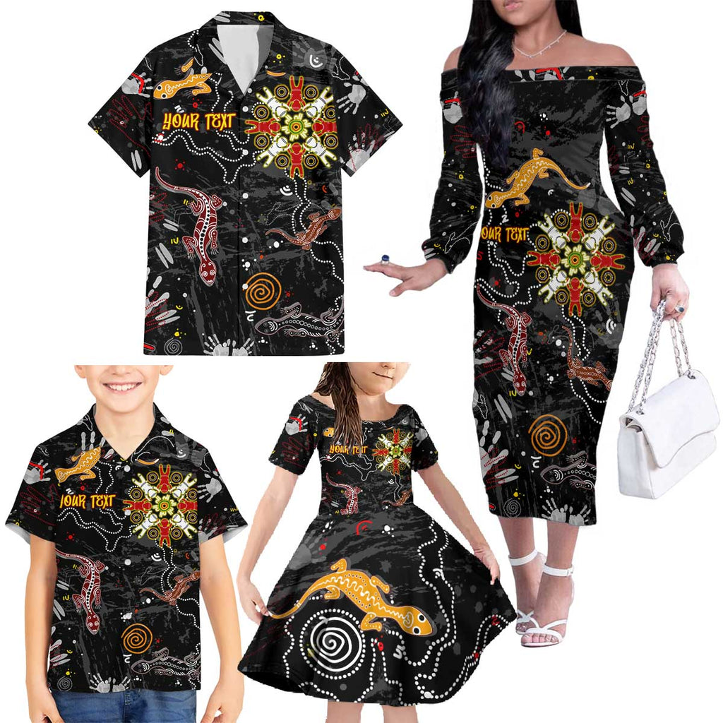 Lizard Aboriginal Australia Family Matching Off The Shoulder Long Sleeve Dress and Hawaiian Shirt