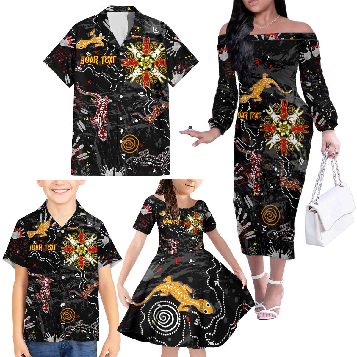 Lizard Aboriginal Australia Family Matching Off The Shoulder Long Sleeve Dress and Hawaiian Shirt